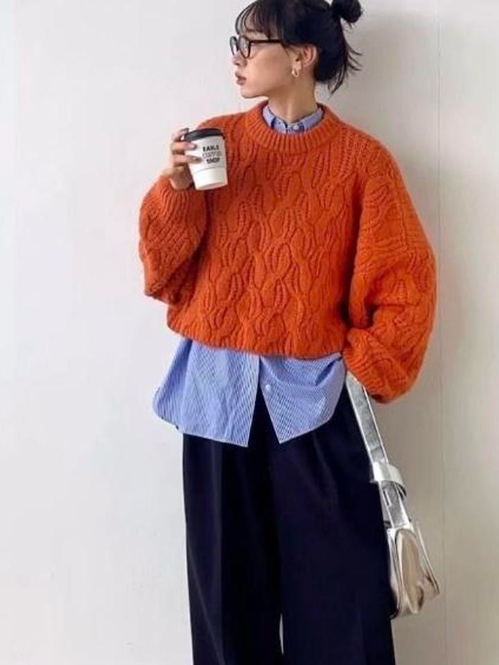 MOON RIVER Orange Diamond Knit Sweater Oversized Chunky Crewneck Pullover XS S M